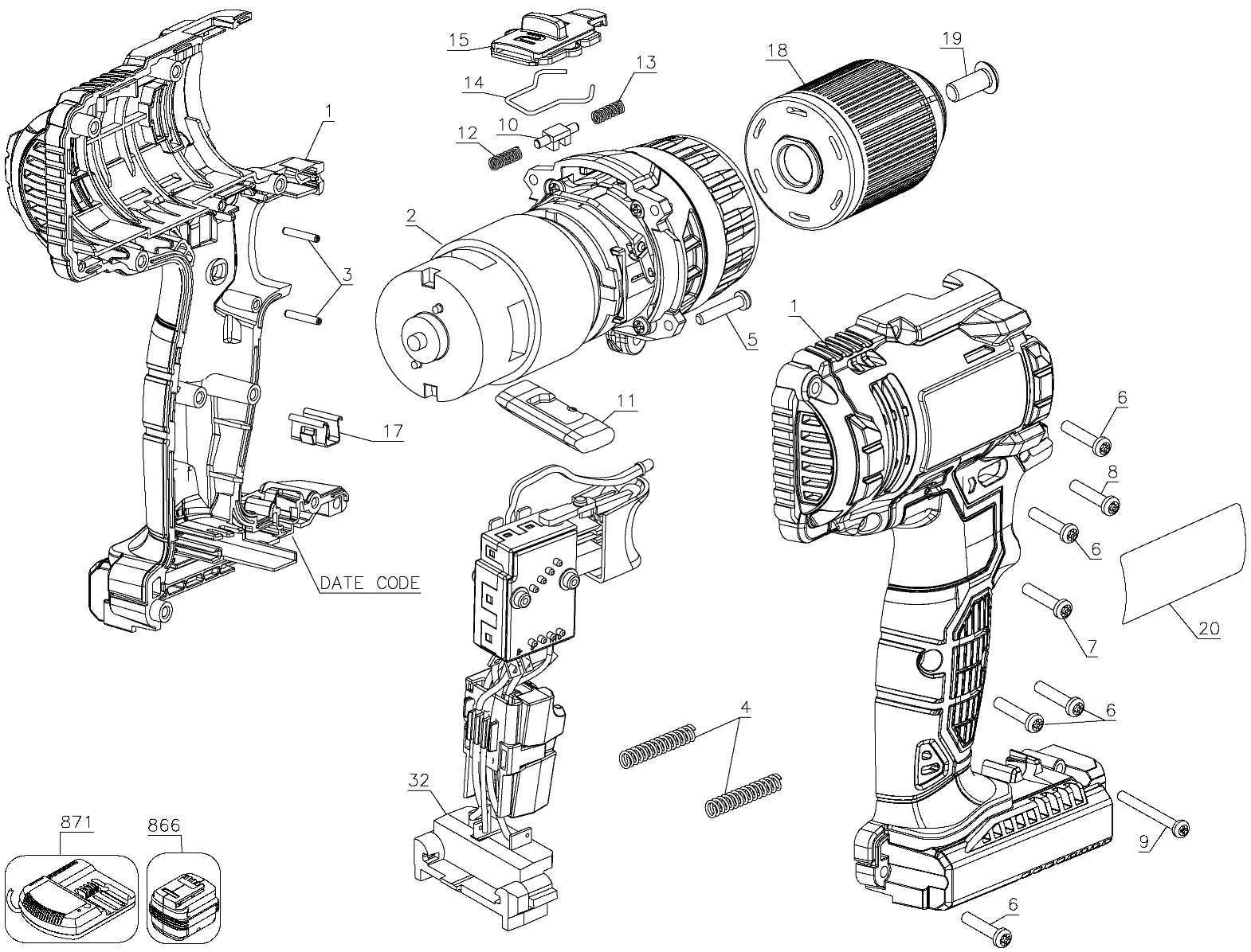 Default Diagram and Parts List for PCC601LA Type 1 Porter Cable Electric Drill